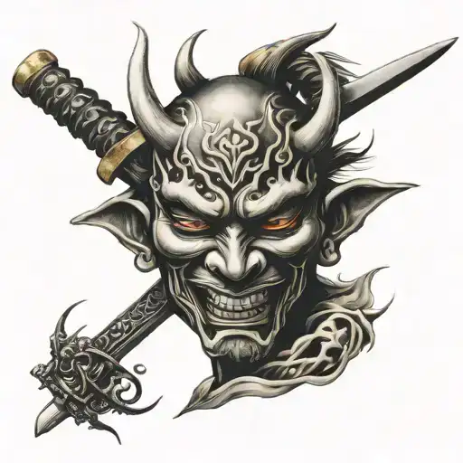 Head On A Katana Blade Wearing A Hannya Mask