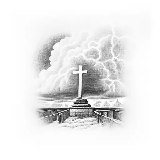 Christians Kneeling At The Three Crosses With Storm Clouds In The Background