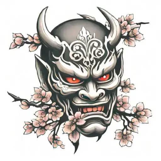 Oni Japanese Mask And Cherry Blossom On Pink Background