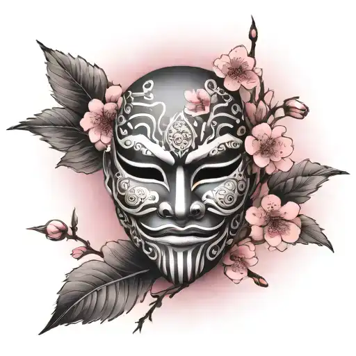 Japanese Mask And Cherry Blossoms On Pink Background