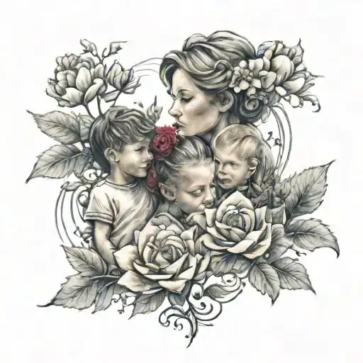 A Tattoo Of A Mother And Her Three Boys Surrounded By A Garden Of Vibrant Flowers