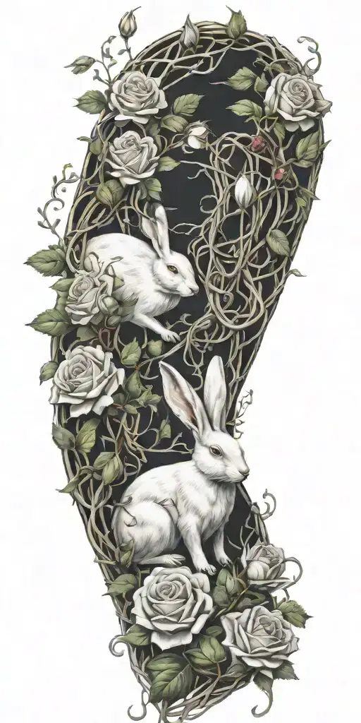 White Rabbit Stretching Out And Roses Intertwined With Vines Wrapped