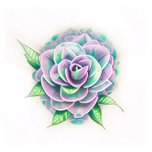 3 Pink Camellia Flowers On A Green Vine With 2 Purple And Teal Colored Butterflies