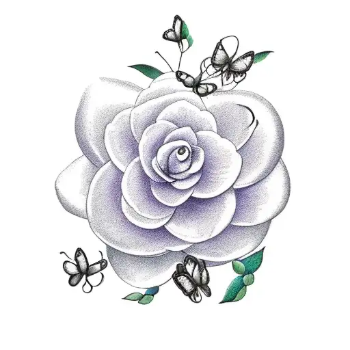 Three Camellia Flowers On A Green Vine With Two Purple And Teal Colored Butterflies