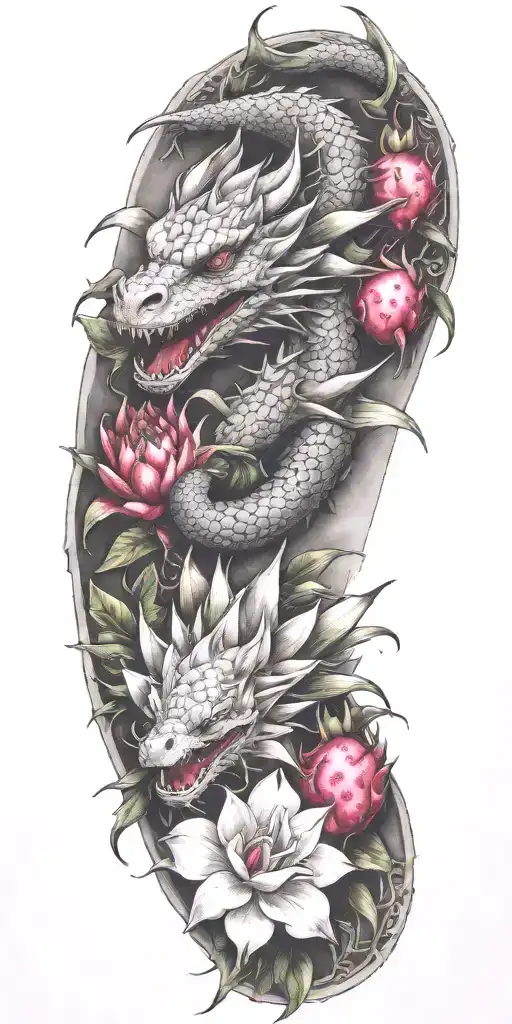 Single Dragon Wrapping Around With Dragonfruit And Plumeria