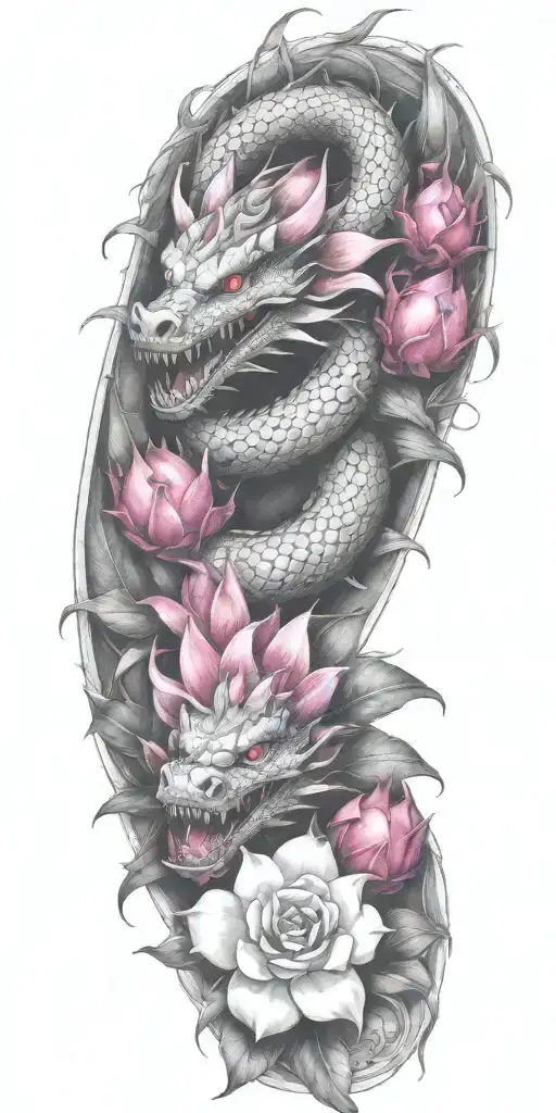 Dragon Wrapping Around With Dragonfruit And Plumeria