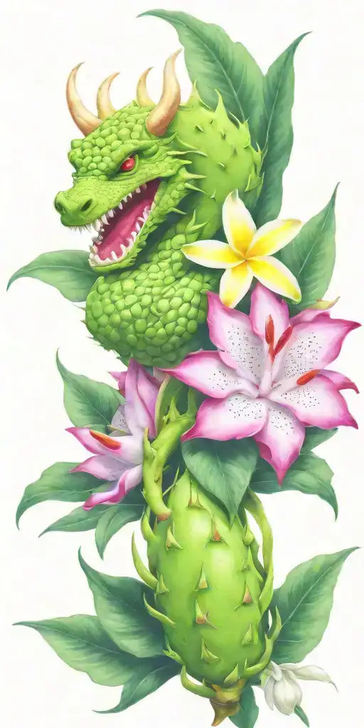 Dragonfruit Growing On Green Vine With Green Dragon Head And White Plumeria Flowers