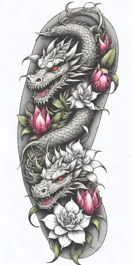 One Dragon Wrapping Around With Dragonfruit And Plumeria