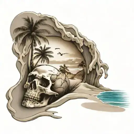 A Sketch Style Tattoo Of A Beach Scene With Palm Trees And A Skull Buried In The Sand