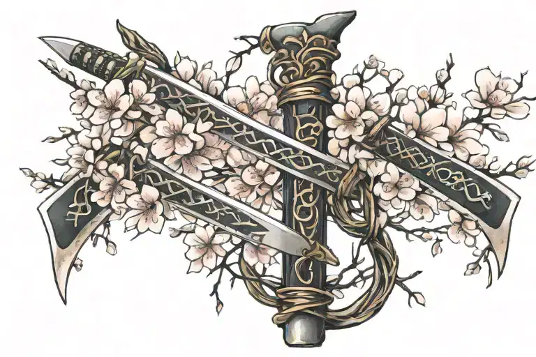 Katanas Shaped Like The Letter V With Cherry Blossom Tree