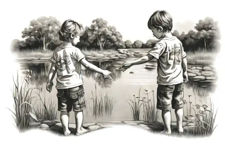 2 Kids Holding Hands In Front Of Pond