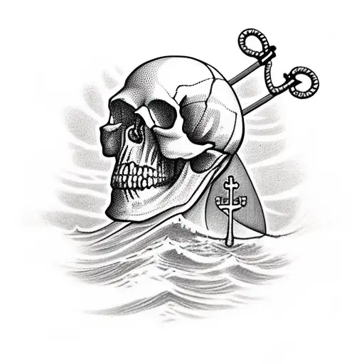 Skull With Anchor Behind It With Sailboat On Water