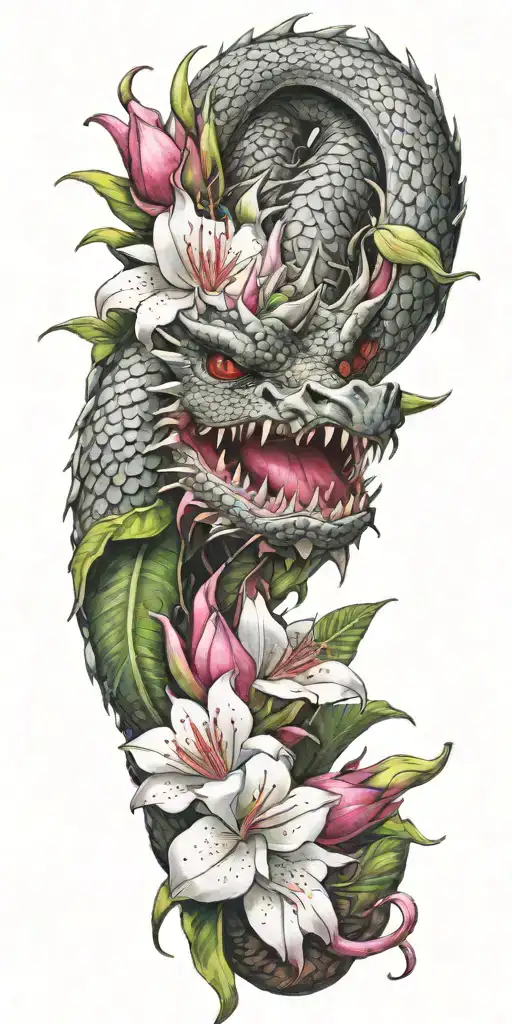 Dragon Wrapping Around With Dragonfruit And Plumeria