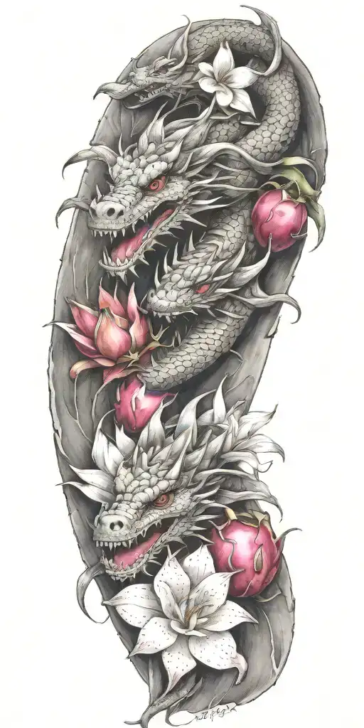 One Dragon Wrapping Around With Dragonfruit And Plumeria