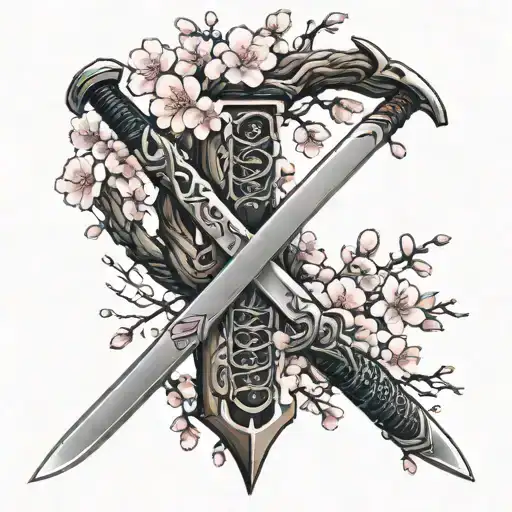 Letter V Made Out Of Two Katanas With Cherry Blossom Tree