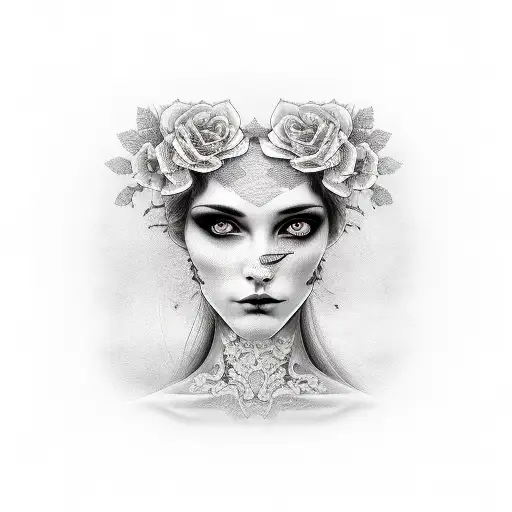 Female Face With Framed Filligre And Lace Over Looking A Graveyard Black And Gray