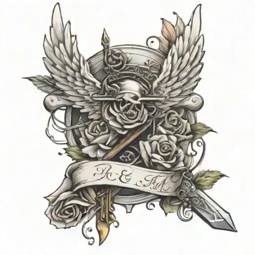 Wings With Roses And Swords And Rai Written In Elegant Script