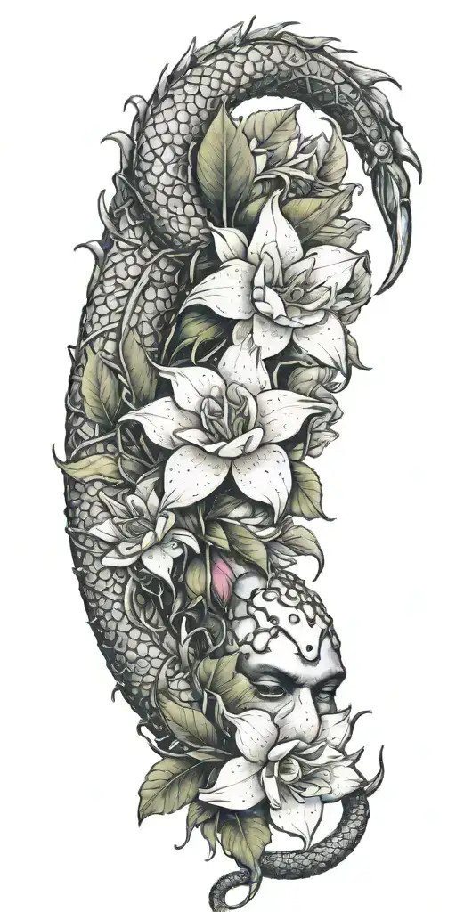 Dragonfruit Vine Winding With Dragon Head And 1 Plumeria Flower With No Leaves