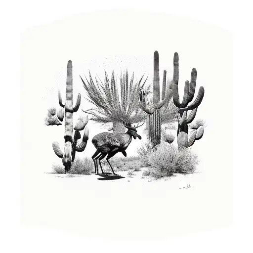 Roadrunner And A Moose Walking In The Arizona Desert Surrounded By Saguaro Cactus