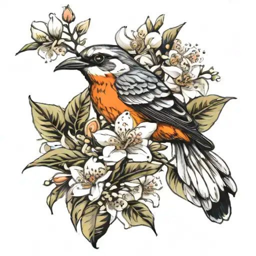 Orange Blossom With An Oriele Bird Flying