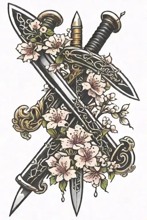 Letter V Made Out Of Two Katana Swords With Cherry Blossoms Around