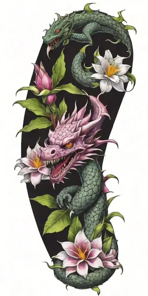 Dragon Wrapping Around With Dragonfruit And Plumeria
