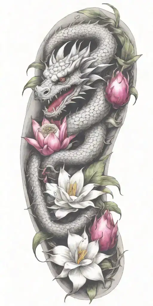 Single Dragon Wrapping Around With Dragonfruit And Plumeria