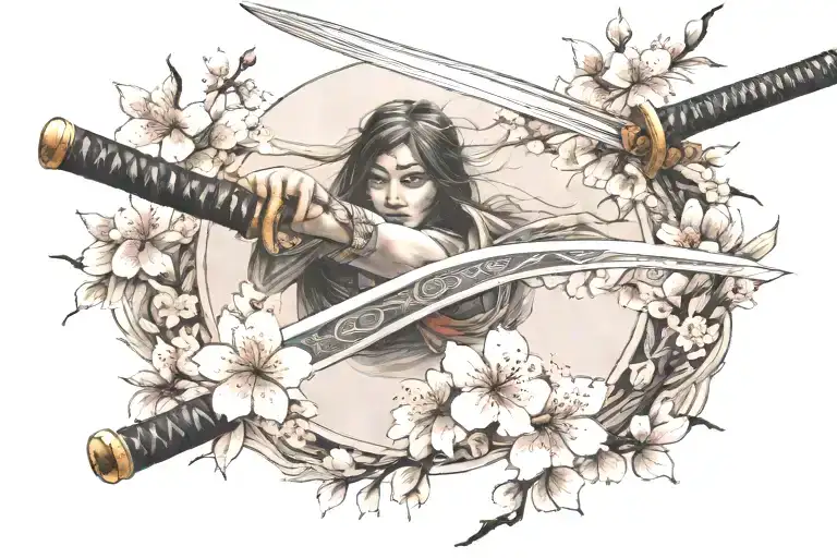 Katana Surrounded By Cherry Blossom Flowers And Branch