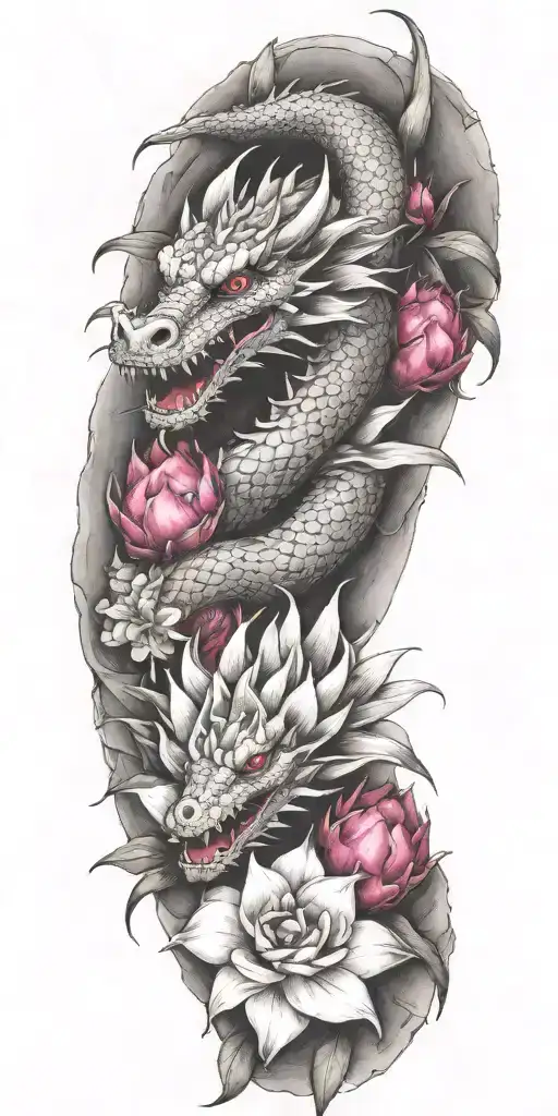 Dragon Wrapping Around With Dragonfruit And Plumeria