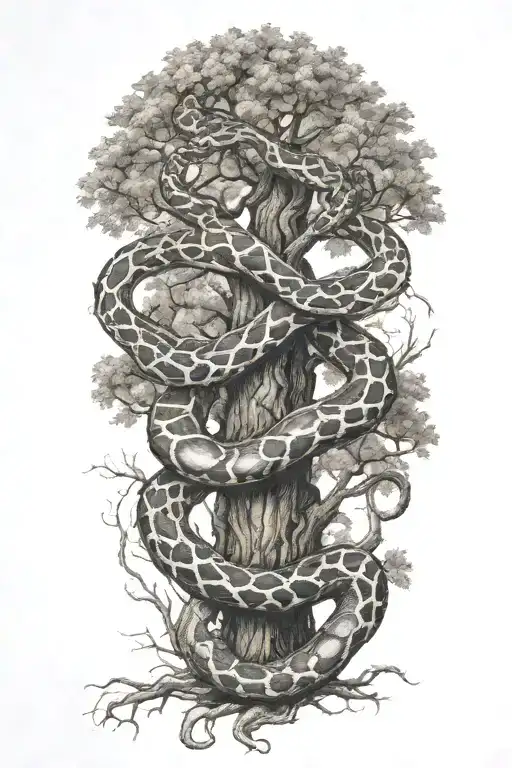 Snake Wrapped Around A Full Oak Tree With Branches