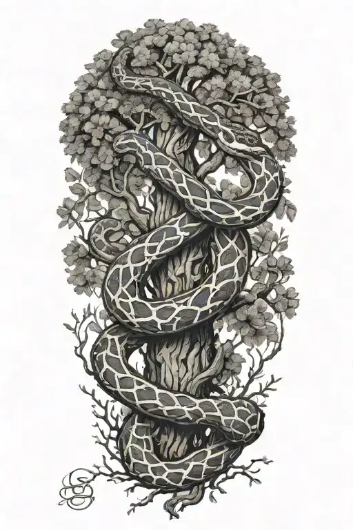 Snake Wrapped Around A Full Oak Tree With Branches