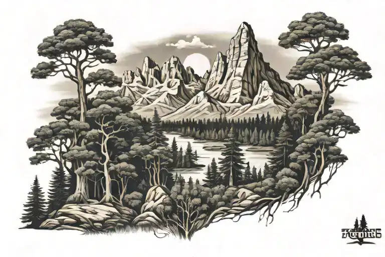 Forest With Large Trees And Mountains