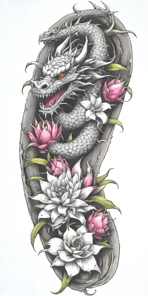 One Dragon Wrapping Around With Dragonfruit And Plumeria