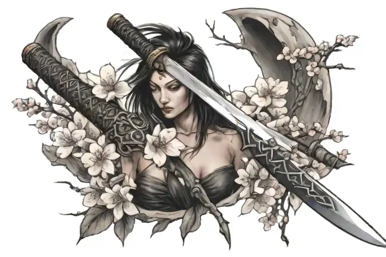Long Katana By Itself Surrounded By Cherry Blossom Flowers And Branch