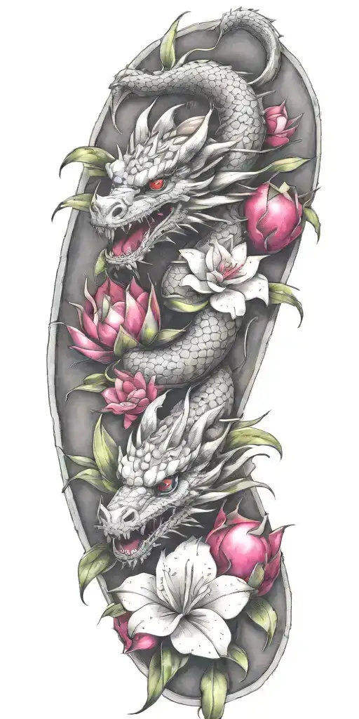One Dragon Wrapping Around With Dragonfruit And Plumeria