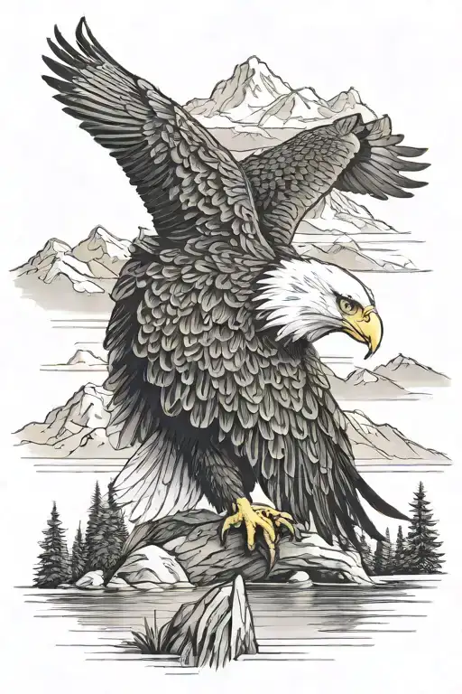 Bald Eagle Perched Near Pond With Mountains In The Background