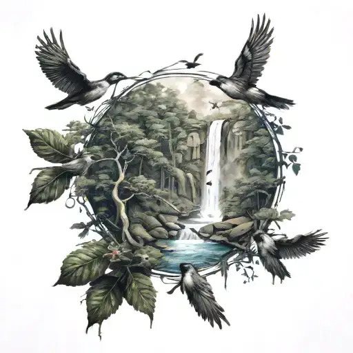 Forest With Waterfall And Birds And Cross