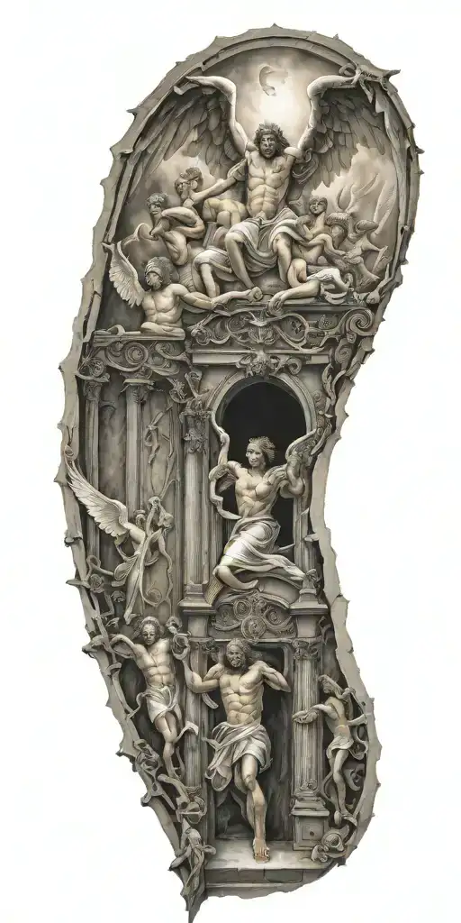 Angels Going Through Gates Of Heaven While Fighting Demons Trapped In Hell