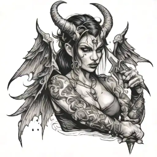 Demon Girl In Anger With A Dagger With Horns And Wings