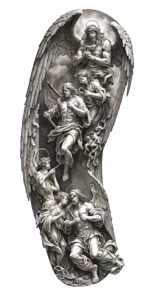 Two Angels Going Through Gates Of Heaven While Fighting Demons Trapped In Hell