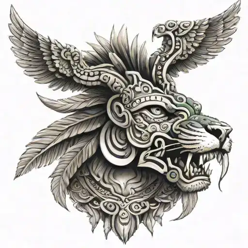 Pre-hispanic Quetzalcoatl And Jaguar Warrior Full Body