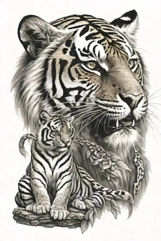 Fierce And Strong Tiger Alongside By Guardian Angel Grandfather Who Is Strong And Brave