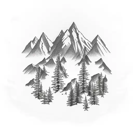 Mountain And Forest With Wooden Cross Between Trees