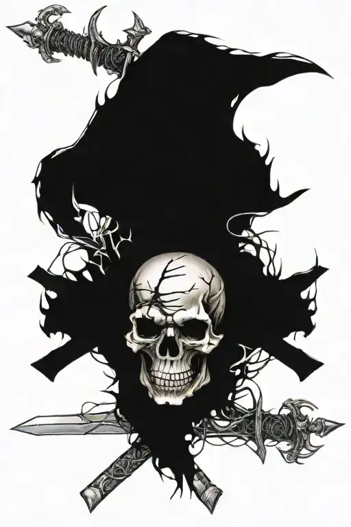 Skull With A Sword Wrapped In Barbed Wire Piercing Through The Top