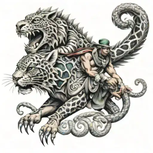 Quetzalcoatl Feathered Serpent And Jaguar Warrior Full Body