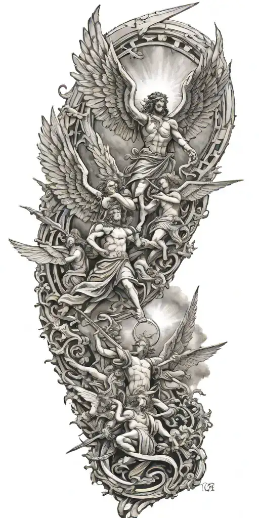Angels Fighting Demons Flying With Open Wings And Heavens Gates In Background And Trumpets Playing