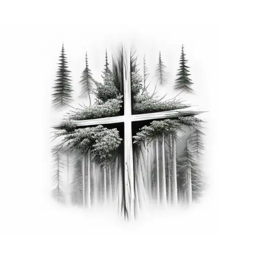 Mountain And Forest With Wooden Cross Between Trees