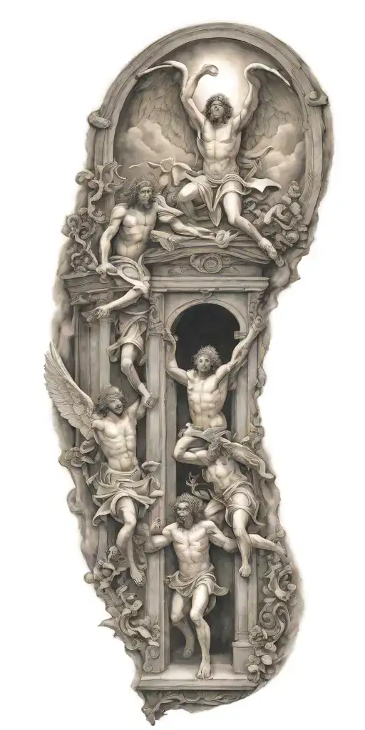 Two Angels Going Through Gates Of Heaven While Fighting Demons Trapped In Hell