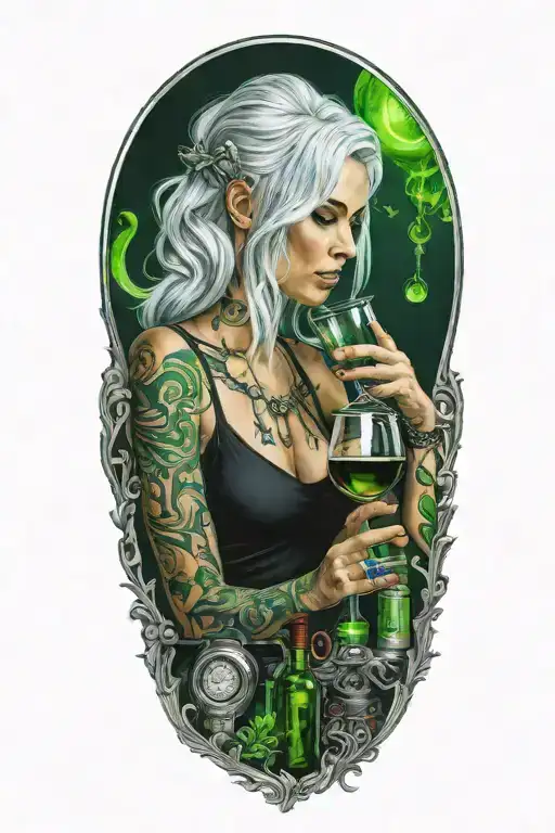 Silver Haired Girl Drinking Green Plasma From A Wine Glass In A Music Themed Background
