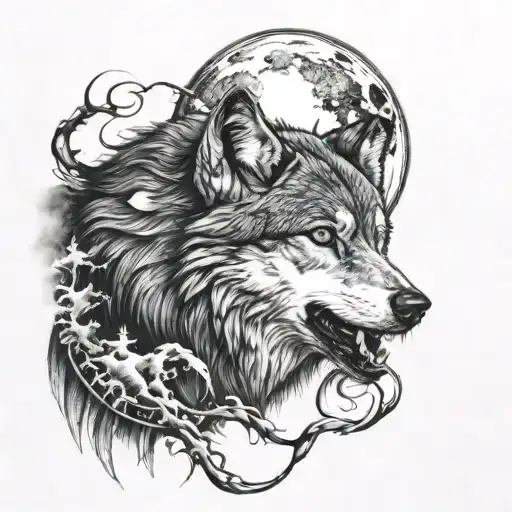 Mean Wolf With Moon Surrounded